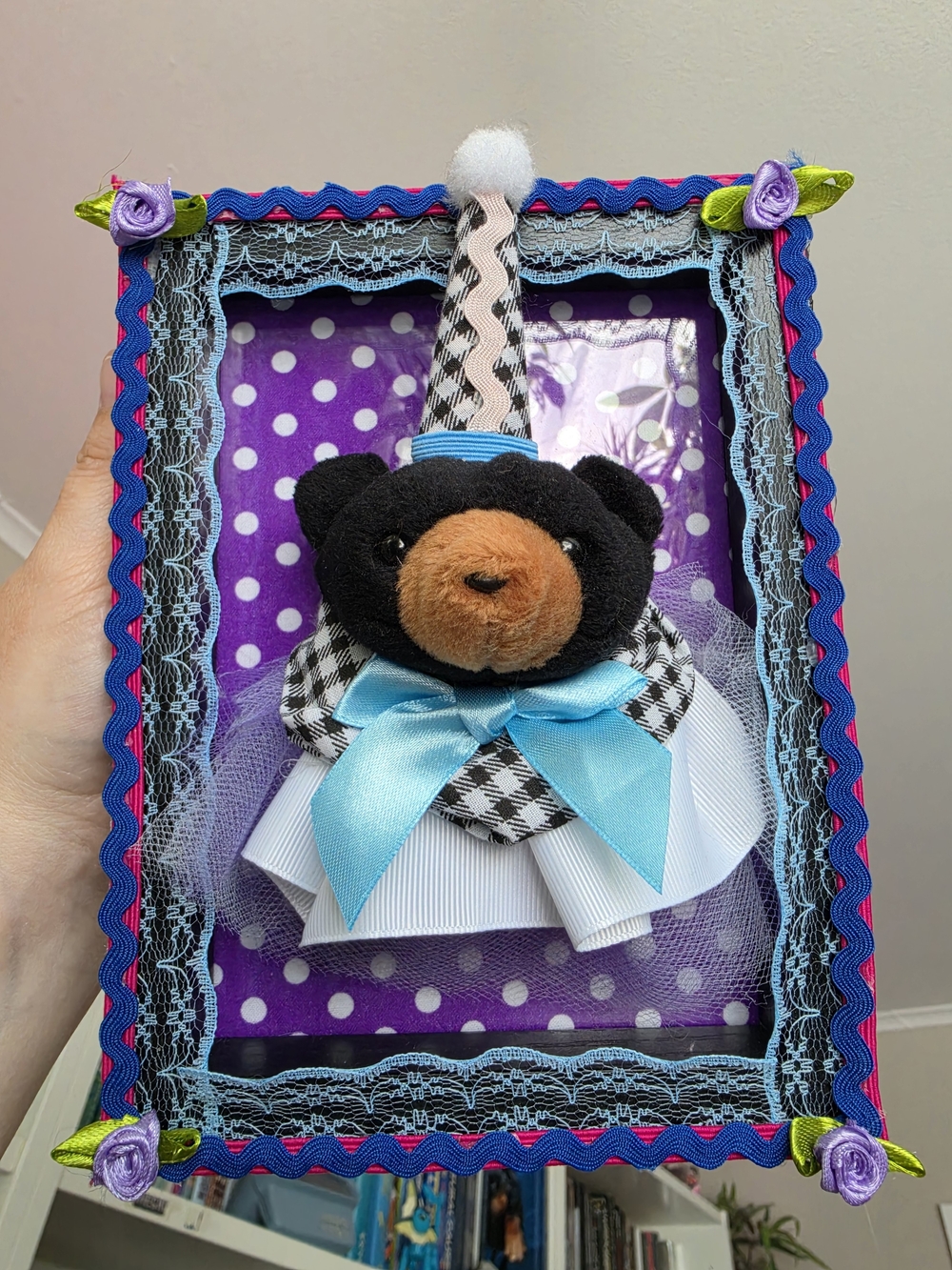 Handmade Plush Bear Shadow Box - Black & Brown Bear with Blue Bow